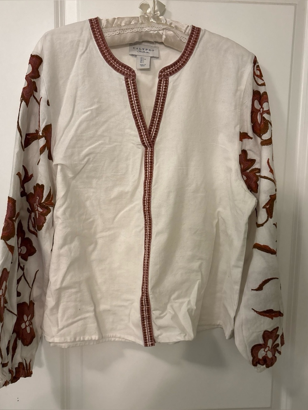 Calypso St Barth-Large-w/Embroidered Balloon Sleeve-Cotton/Flax-Brown/Pink/White